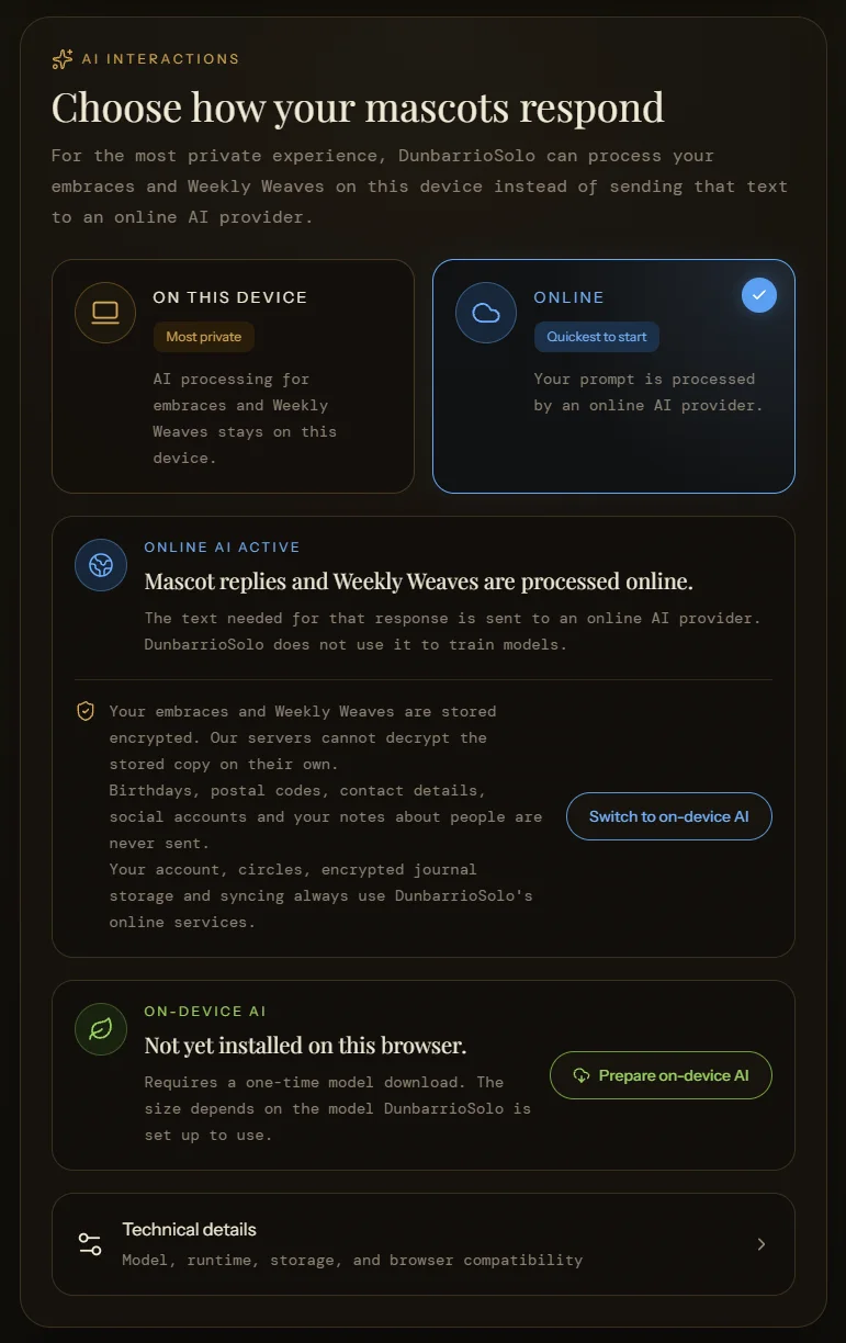 DunbarrioSolo AI Interactions settings showing on-device and online processing choices, encrypted-storage boundaries, and on-device setup status.