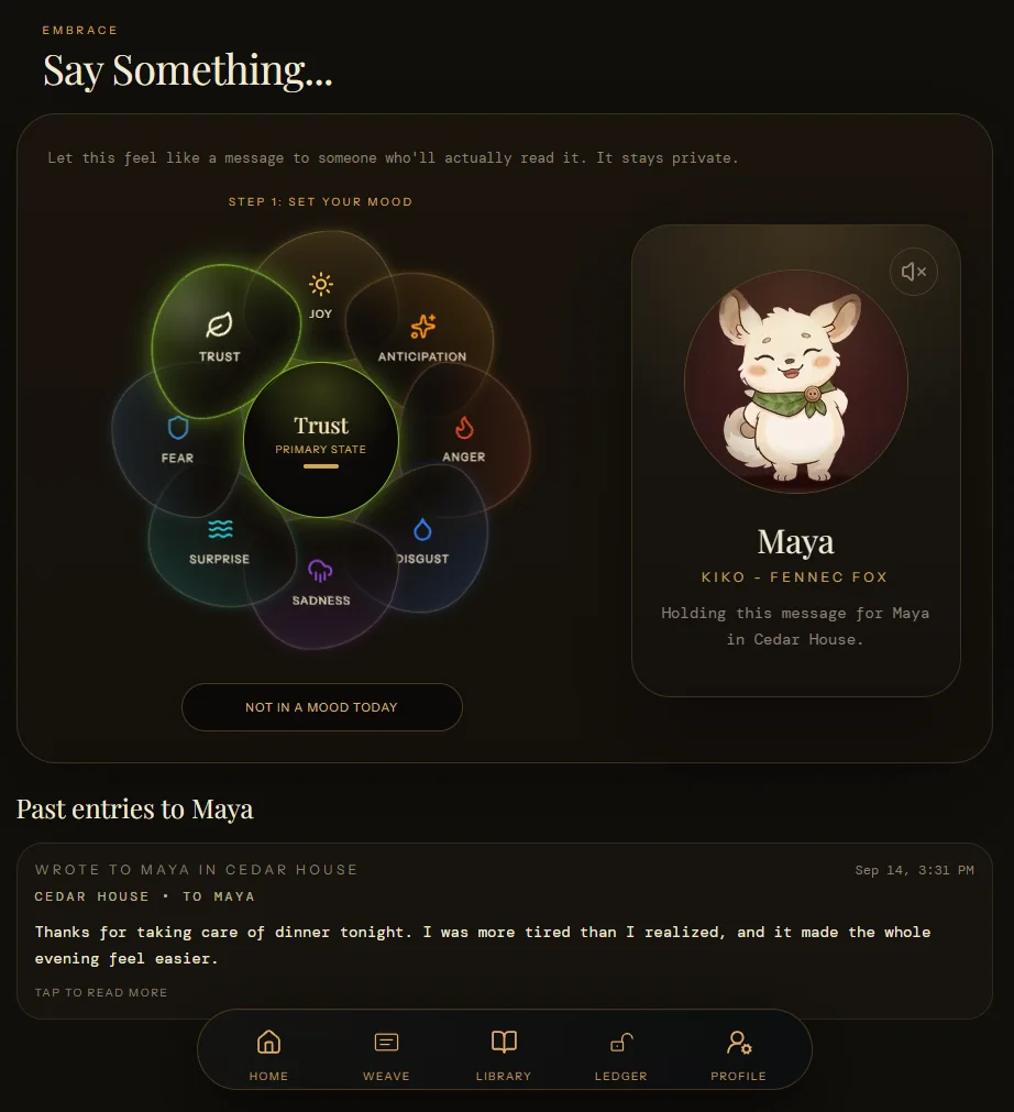 DunbarrioSolo private Embrace screen showing a mood wheel and the mascot Maya.