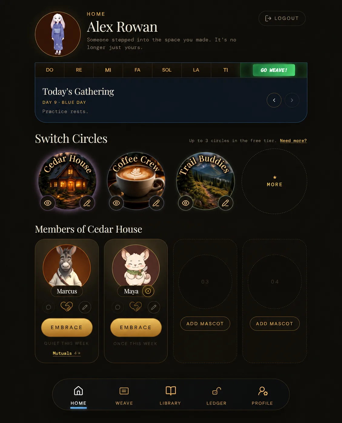 DunbarrioSolo HOME showing Today's Gathering, personal circles, mascot member cards, and the primary navigation.