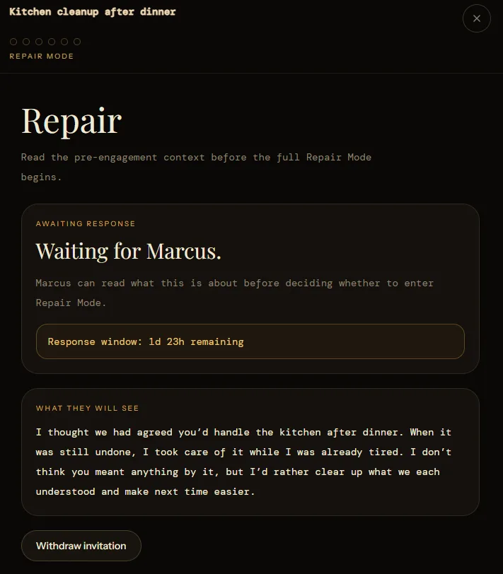 DunbarrioSolo Repair screen for Kitchen cleanup after dinner showing the Repair heading, Waiting for Marcus status, response window, and What they will see message.