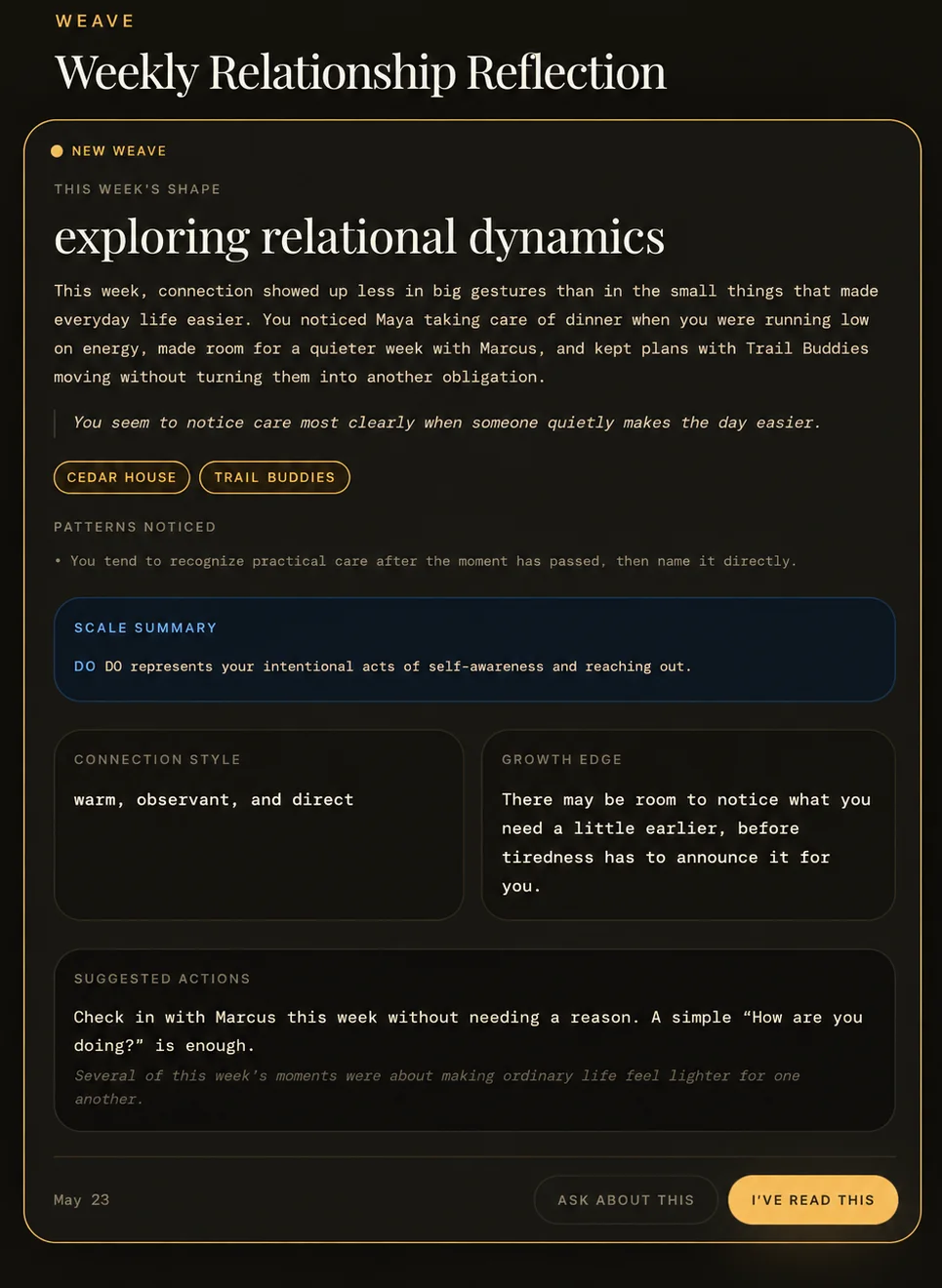 DunbarrioSolo Weekly Relationship Reflection showing the Weave titled exploring relational dynamics, its patterns and scale summary, connection style, growth edge, suggested actions, and action buttons.